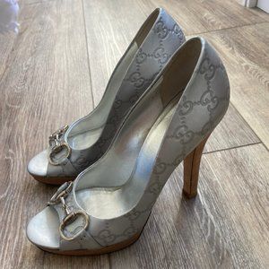 AUTHENTIC GUCCI Silver Monogram Peep Toe Heels